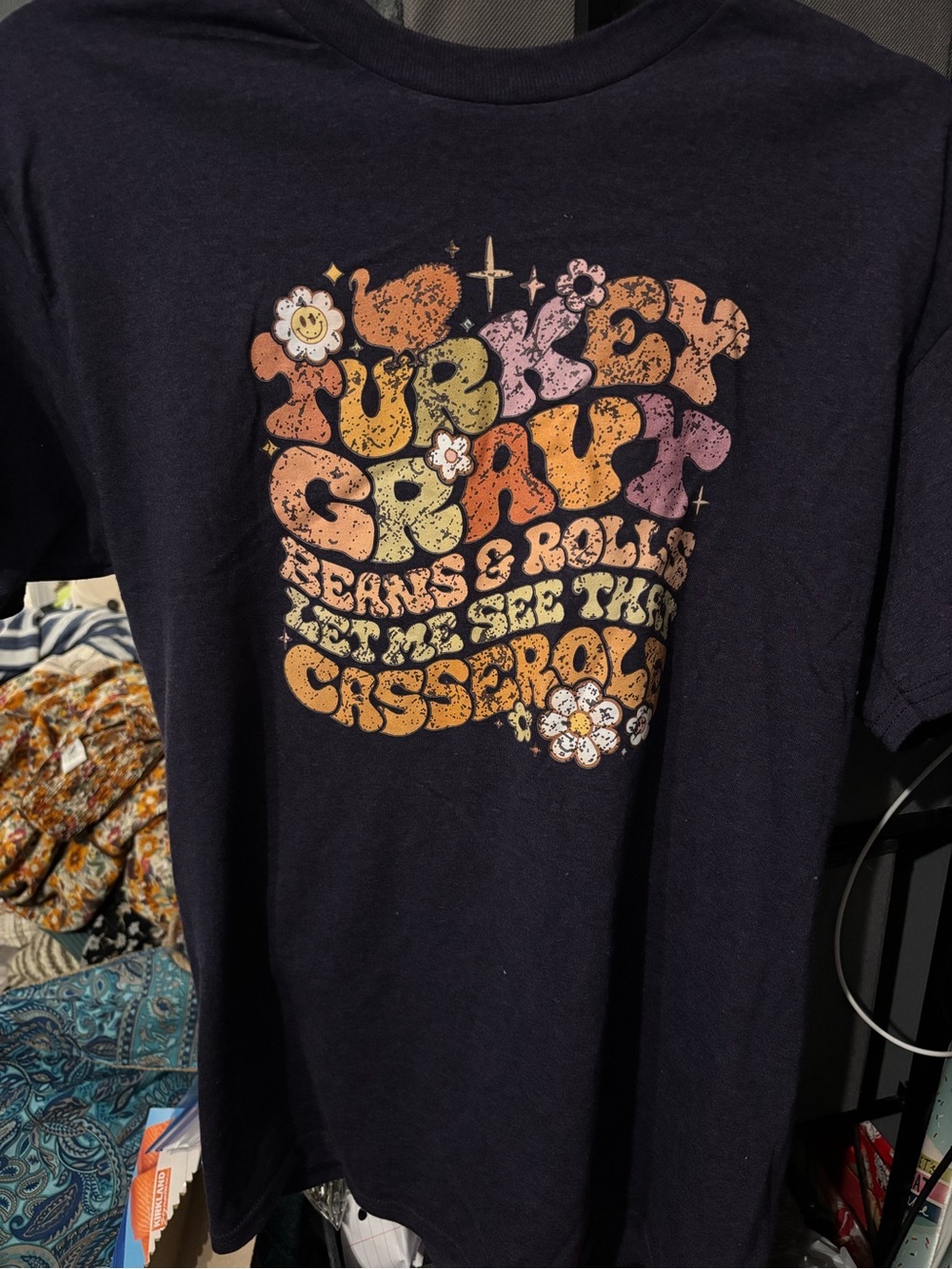 Womens Thanksgiving Graphic T-Shirt with Retro Floral Print Medium